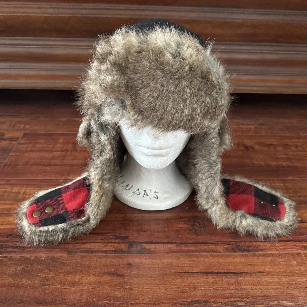 Woolrich Faux Fur Wool Blend Trapper Hat  Plaid Unisex Small Medium Lined Red
